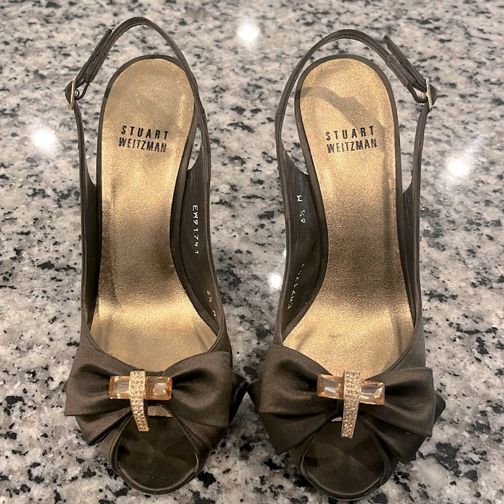 Stuart Weitzman Brown Satin Slingback Heels with Jeweled Accent